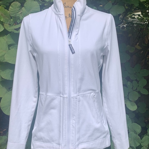T by TALBOTS white zip front yoga jacket 89% cotton size Small  VVGUC++ - Picture 1 of 15